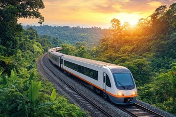A modern train traveling on a scenic railway surrounded by lush greenery under a bright sky.