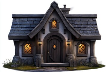 a 2D cartoon illustration of a cozy farmhouse with a barn, rustic and inviting, white background