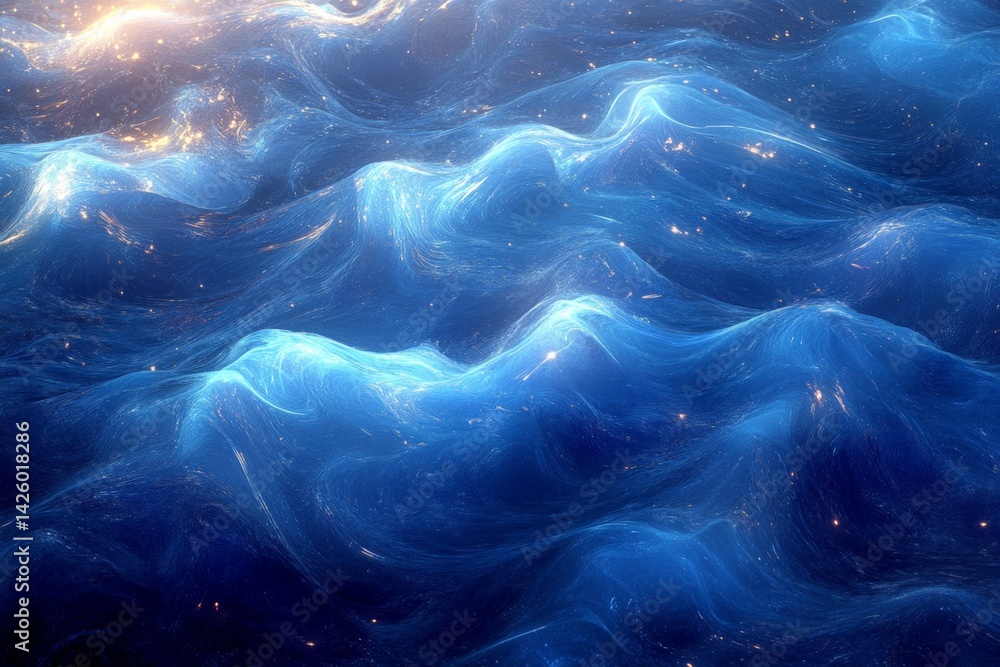 Poster swirling waves of blue light create a mesmerizing cosmic ocean at twilight