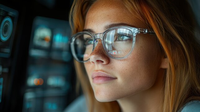 Woman focused on futuristic interface - Powered by Adobe