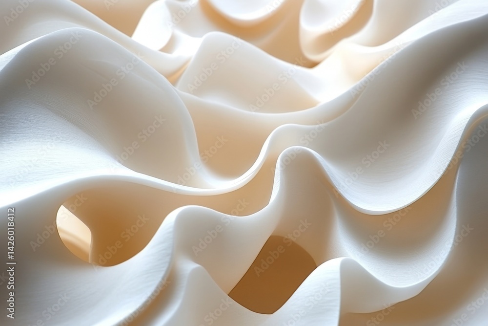 Poster curved and flowing white fabric drapes over a soft surface in natural light