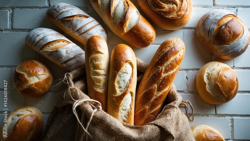Poster bakery assortment featuring golden rustic bread and buns on a white background from a top view