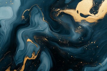 Swirling blue and gold abstract art showcases elegant movements and textures in a captivating display of color and form