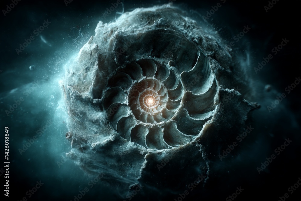 Aufkleber Intricate spiral shell resembling nautilus floats in cosmic space with ethereal clouds and swirling light