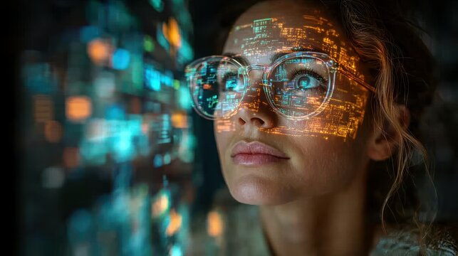 Woman immersed in futuristic data visualization