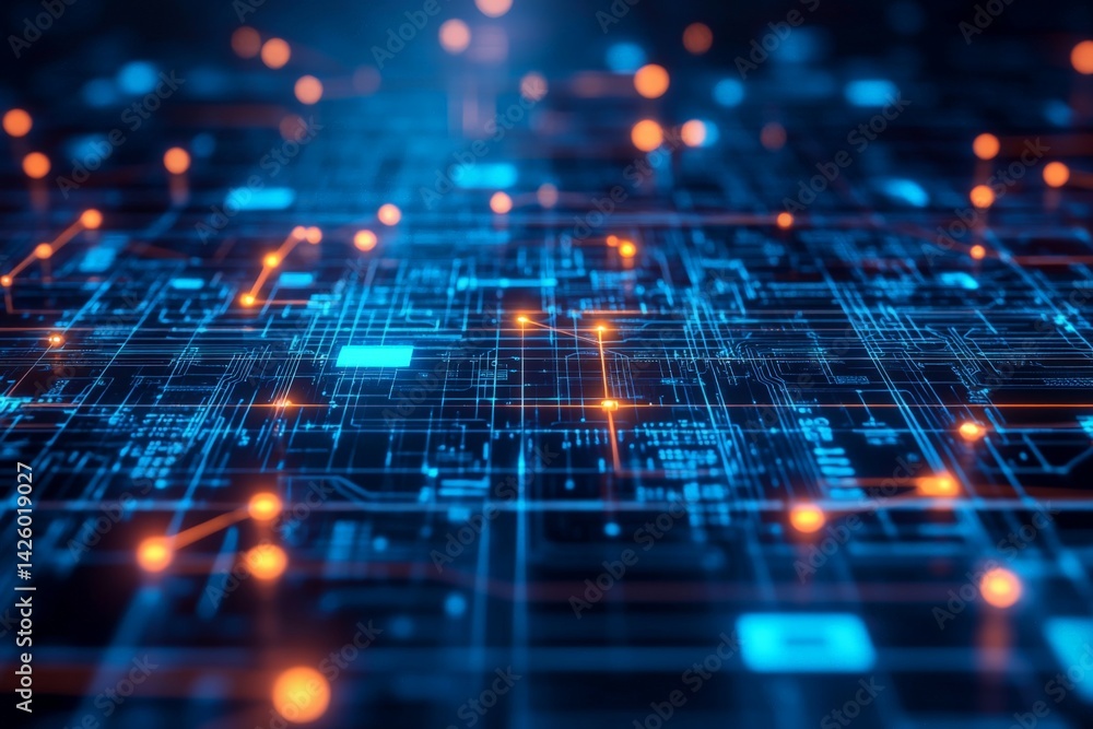 Poster digital circuit board design showcasing intricate patterns and glowing connections at night