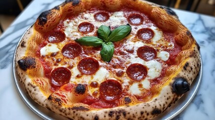 Flat Lay of Cheesy Pepperoni Pizza with Fresh Basil