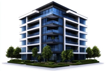 Fototapeta premium a 2D cartoon illustration of a modern high-rise apartment building, sleek and urban, white background