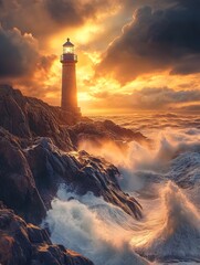 Vibrant Sunset over Stormy Ocean: Scenic Lighthouse Silhouette Amidst Dramatic Waves and Clouds at Dusk Coastline