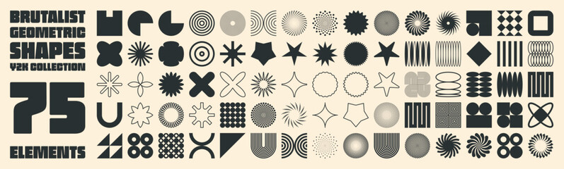 Brutalist geometric shapes, modern symbols. Simple primitive elements and forms. Retro design, trendy contemporary minimalist style, y2k. Vector illustration