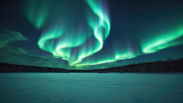 Aurora borealis shining over icy lake at night