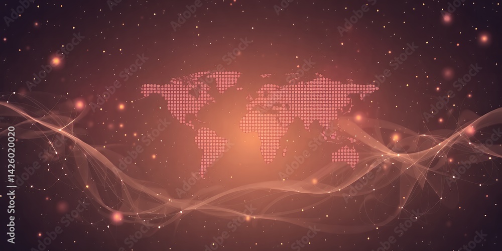 Poster abstract world map with glowing particles and wavy lines on a warm toned background design