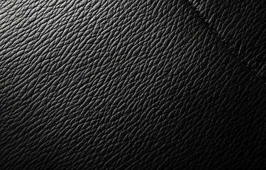Black leather texture close-up, showing grain and stitching detail in background. Use for interior design or automotive applications