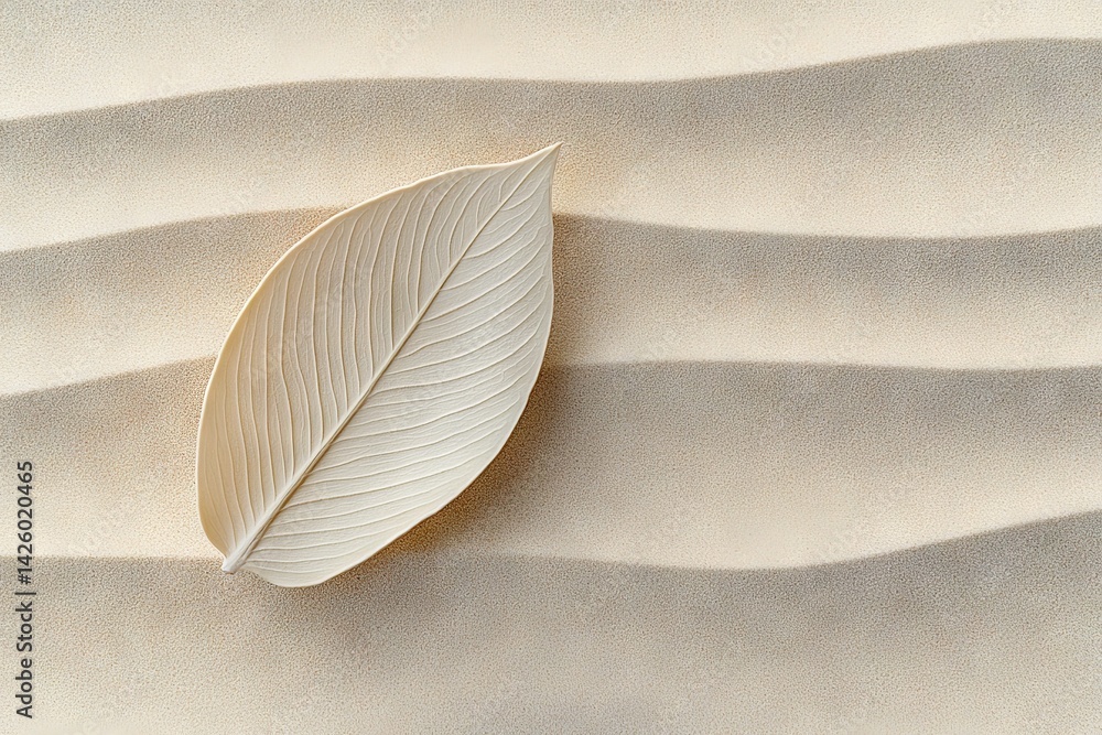 Poster Unique leaf resting on smooth sand surface with gentle wave patterns in natural light