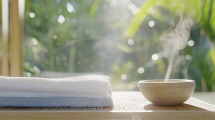 serene setup featuring steaming bowl, soft towels, and lush green background, perfect for relaxation and wellness