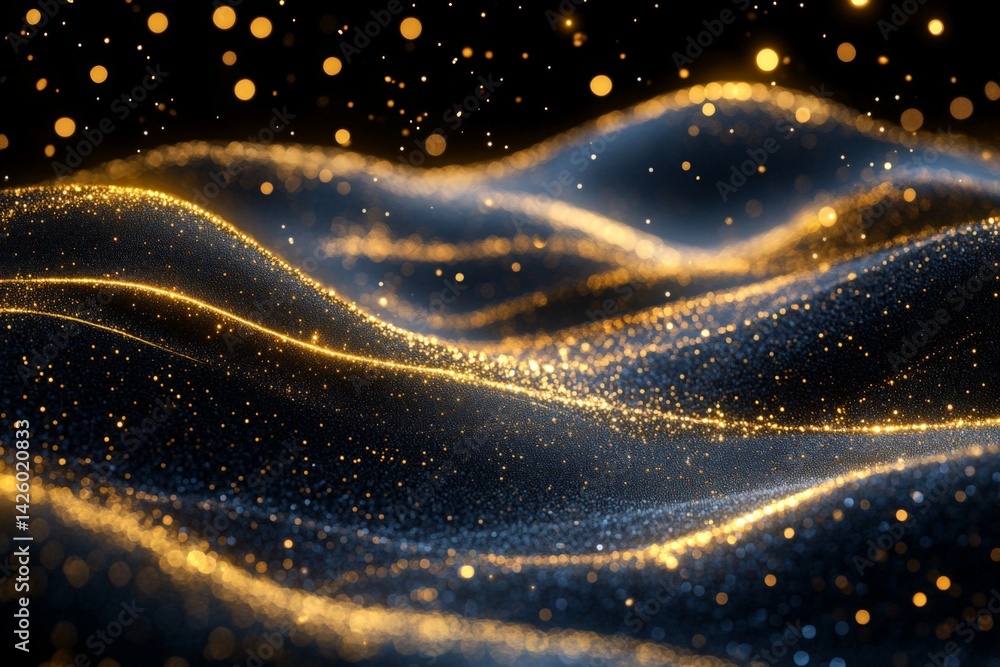 Poster Waves of golden light sparkle in a dark background creating a mesmerizing visual display of shimmering textures