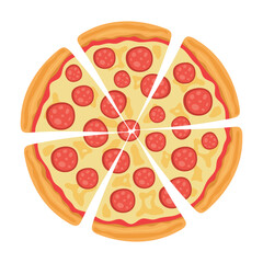 Pepperoni pizza cut into pieces in flat vector style
isolated on white background