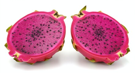 dragon fruit halves arranged neatly isolated on clean white background, Generative AI