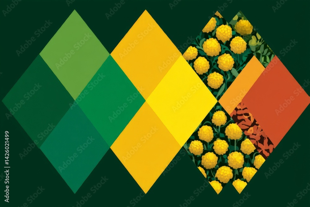 Poster bright geometric design featuring vibrant colors and floral patterns in a modern artistic style