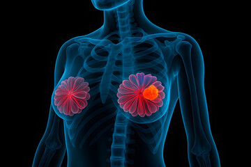 3D medical illustration showing breast cancer in human female body with highlighted tumor inside breast tissue, used for oncology awareness, diagnostics, and health education