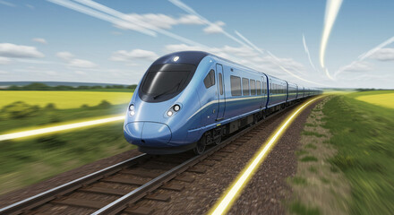 Fototapeta premium High speed train speeding through sunny fields a journey of modern rail travel with bright light