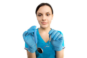 Dentist with tools. Concept of dentistry, whitening, oral hygiene, teeth cleaning with toothbrush,...