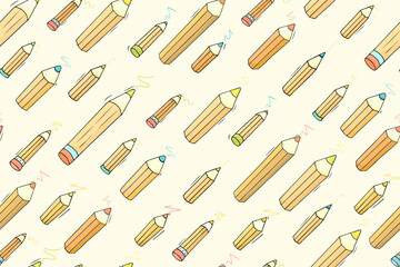 Pattern with pencils drawing lines on paper. School seamless pattern of doodle stationery for write. Sketch background of kids education concept with pencils, vector hand drawn illustration