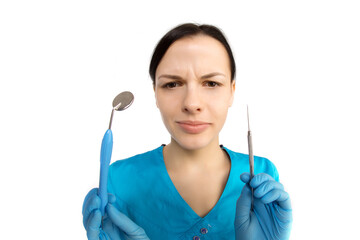 Dentist with tools. Concept of dentistry, whitening, oral hygiene, teeth cleaning with toothbrush,...