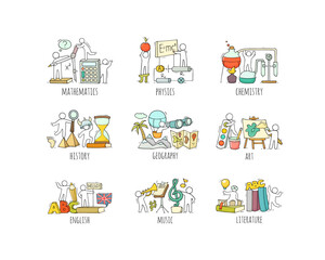 School subjects icons with symbols of math, physics, astronomy and chemistry. Vector cartoon set of art, music, technology, sport and literature lessons and students. People with education equipment