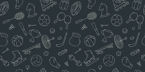 Doodle sports icons with ball, cup, dumbbell, tennis racket. Hand drawn seamless pattern with sport games and training equipment, vector illustration