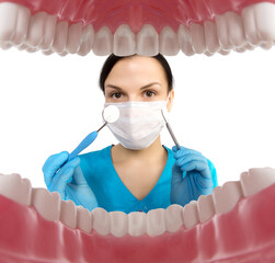 Dentist with tools. Concept of dentistry, whitening, oral hygiene, teeth cleaning with toothbrush, floss. Dentistry, taking care of a beautiful and healthy smile. Dental tooth care clinic. Stomatology