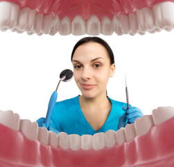 Dentist with tools. Concept of dentistry, whitening, oral hygiene, teeth cleaning with toothbrush, floss. Dentistry, taking care of a beautiful and healthy smile. Dental tooth care clinic. Stomatology