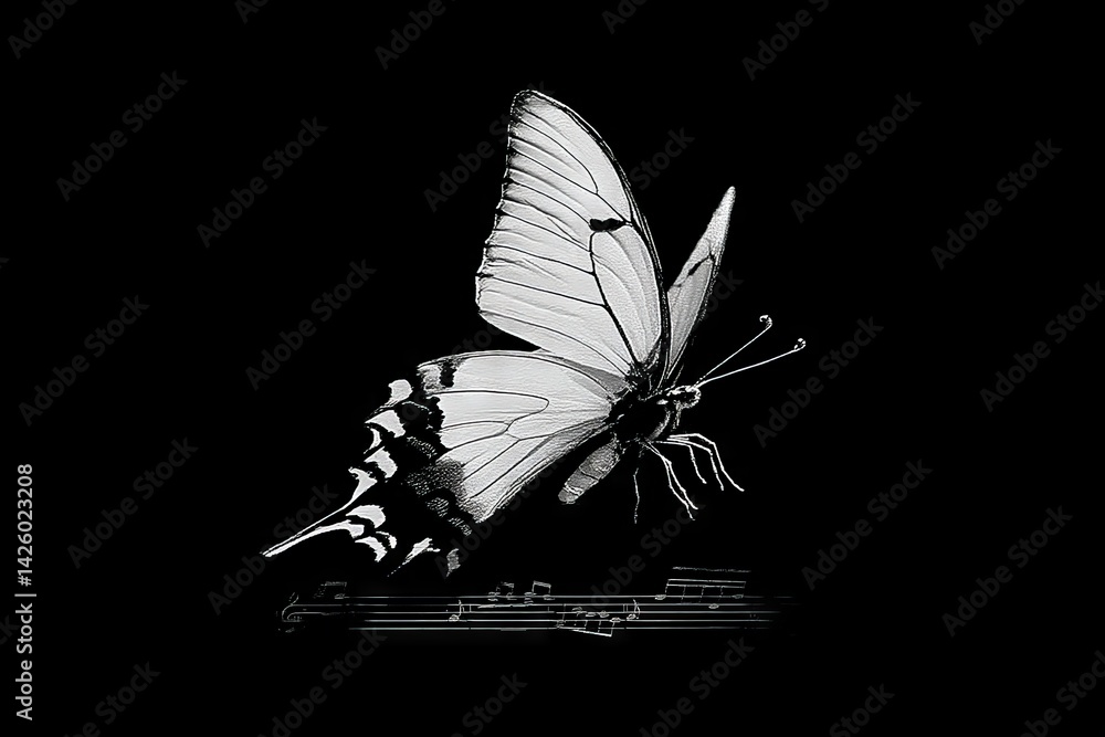 Poster butterfly delicately resting on musical notes, creating a harmonious blend of nature and art
