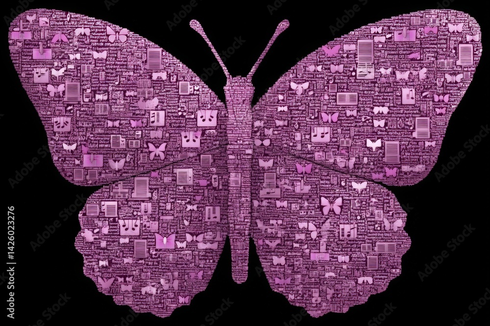 Aufkleber colorful butterfly design composed of various shapes and symbols on a black background