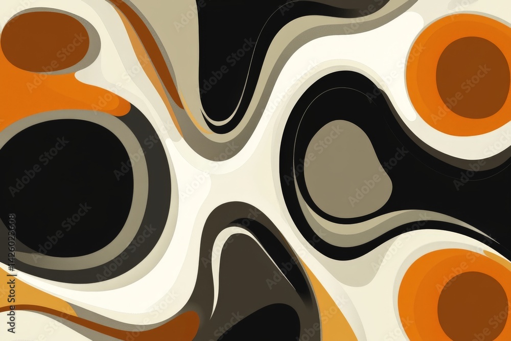 Poster colorful abstract design with swirling shapes and circular patterns in shades of orange and black