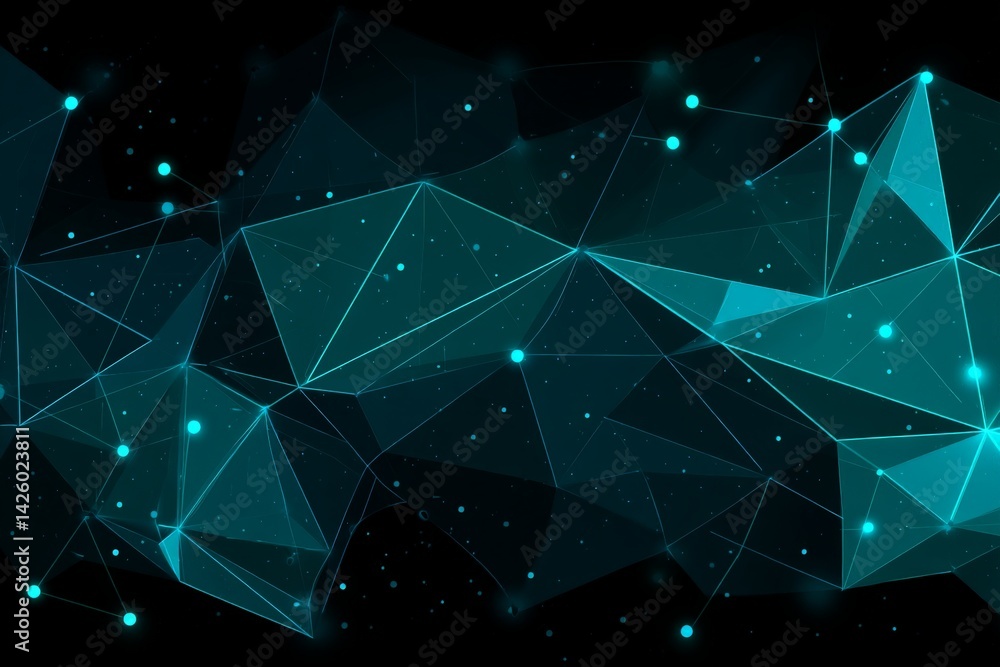 Poster Geometric abstract design featuring interconnected lines and shapes with glowing elements in a dark background