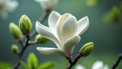 White magnolia blossom with unopened bud