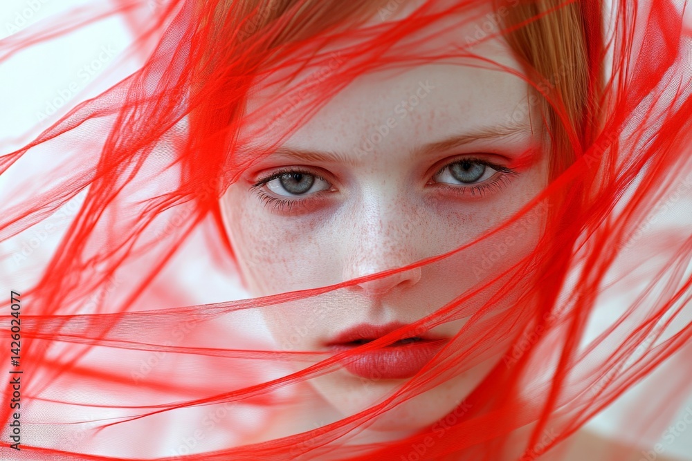 Poster striking portrait of a young person with red fabric in a soft light setting showcasing bold makeup a