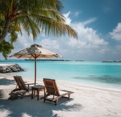 Relaxing Beach Chairs Under Palm Trees by Turquoise Ocean: Ideal Tropical Getaway