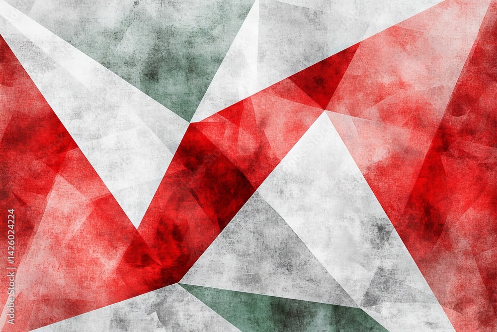 Poster Abstract geometric pattern with red, white, and gray triangles creating a dynamic visual effect