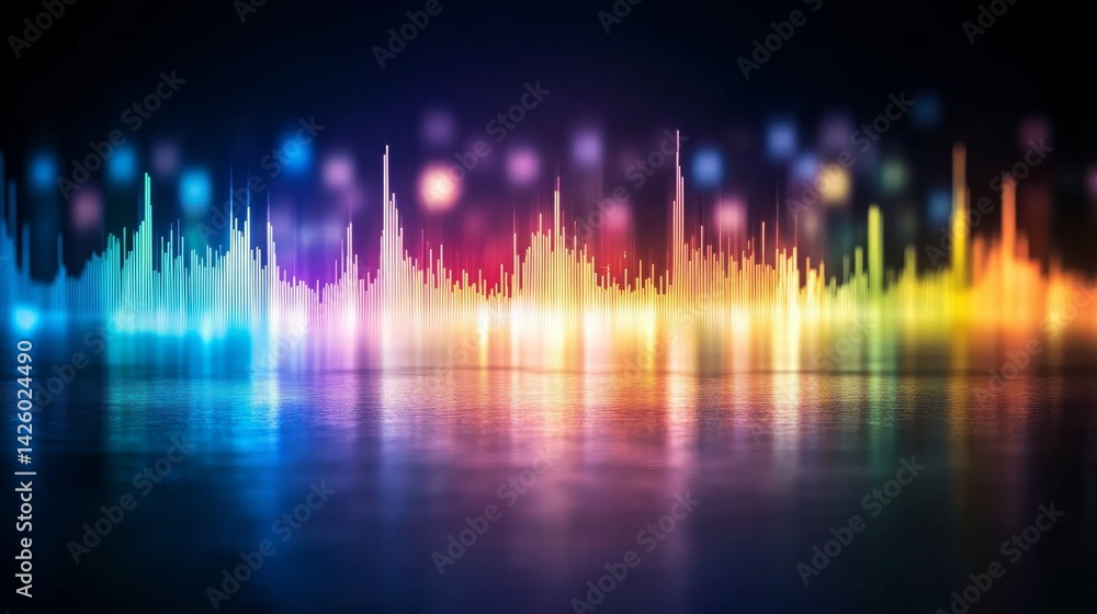 Poster A colorful representation of soundwaves featuring smooth, flowing curves and peaks set against a dark gradient background, depicting music dynamically