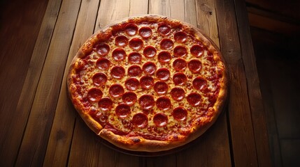 Traditional Pepperoni Pizza Served on Wooden Table