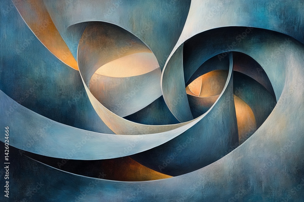 Poster intricate abstract design featuring swirling shapes and soft lighting in cool tones of blue and gold