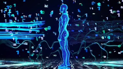 Futuristic video concept with a side view of a digital human figure in a matrix-like environment, surrounded by floating numbers and neon trails. - Powered by Adobe