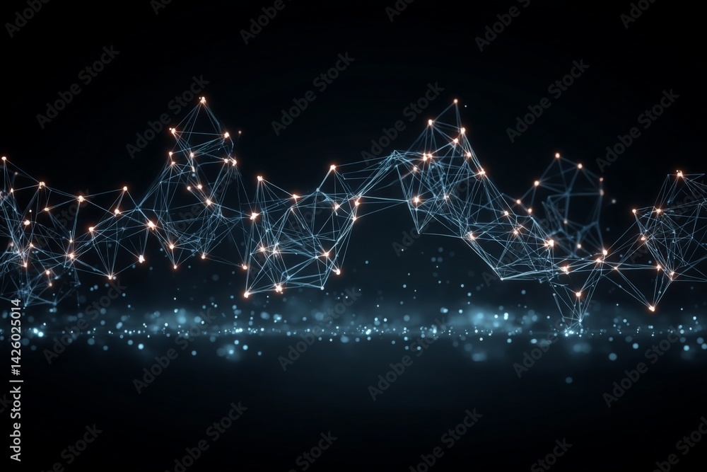 Poster Abstract representation of interconnected nodes and glowing lights against a dark background illustrating technology and data flow