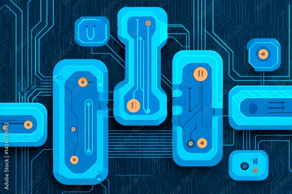 Poster Abstract technological design featuring blue circuit patterns on a dark background with interconnected elements