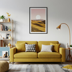 Modern Living Room Interior Design with Yellow Sofa, Wall Art, and Stylish Decor.