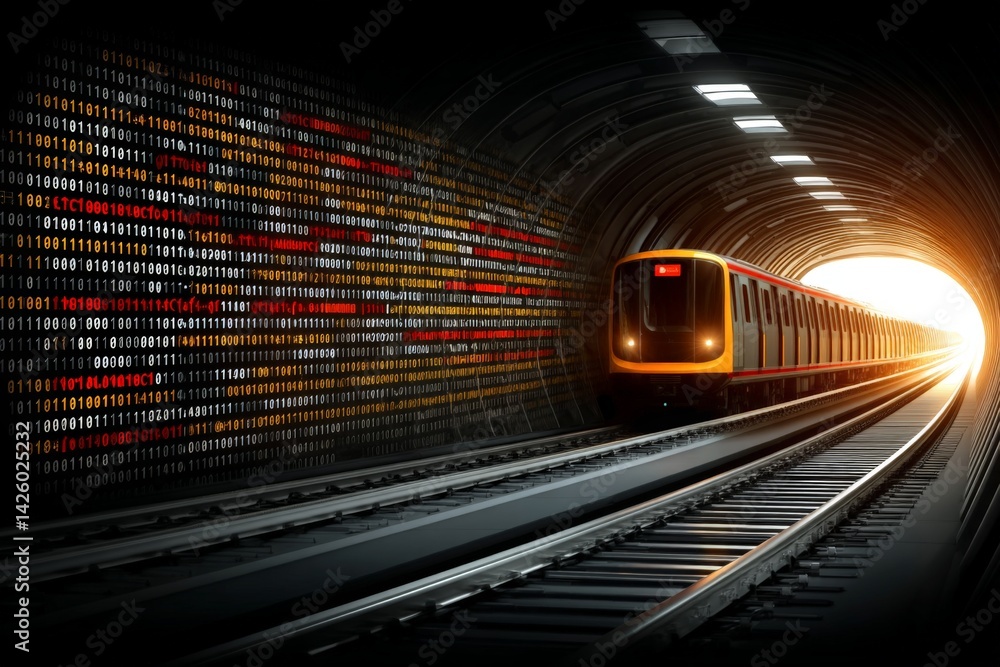 Aufkleber Train approaches brightly lit tunnel with binary code pattern at its entrance in a modern transport system