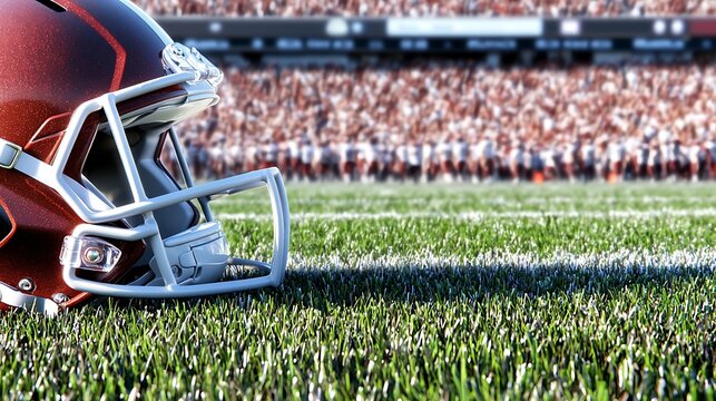 Close-up of a helmet on a grassy field, crowd visible in the background, focus on foreground detail