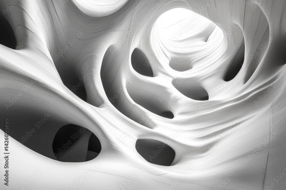 Poster Intricate white cave structure showcasing smooth curves and openings in a cavernous space